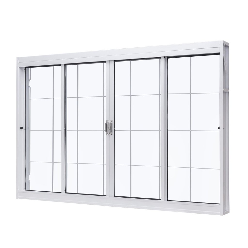 Janela De Correr Central 4 Folhas Com Grade Quadriculada E Vidro Liso Aço 100x150cm Branco Unicsol Central Janela De Correr Central 4 Folhas Com Grade Quadriculada E Vidro Liso Aço 100x150cm Branco Unicsol Central