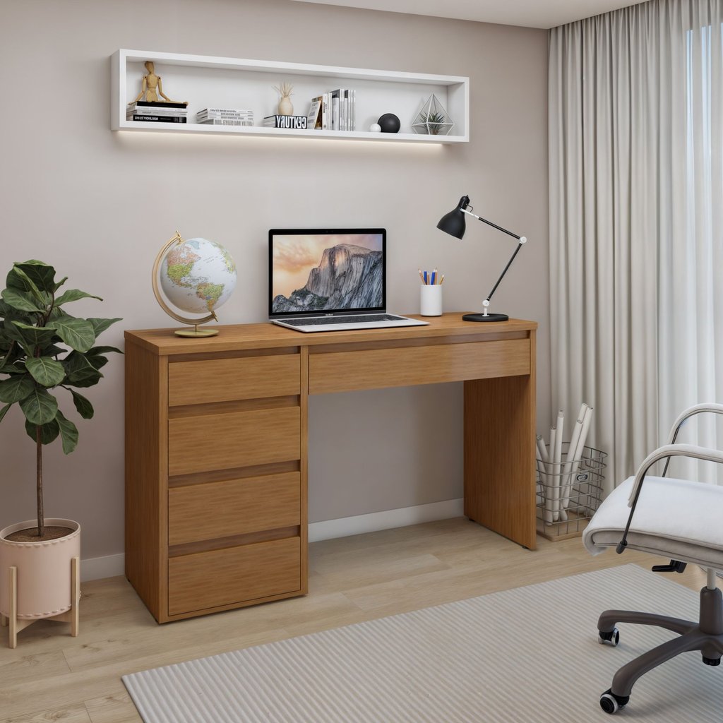 Escrivaninha 5 Gavetas 136cm 100% MDF Berlim Yescasa Naturalle em Oferta na Shopee