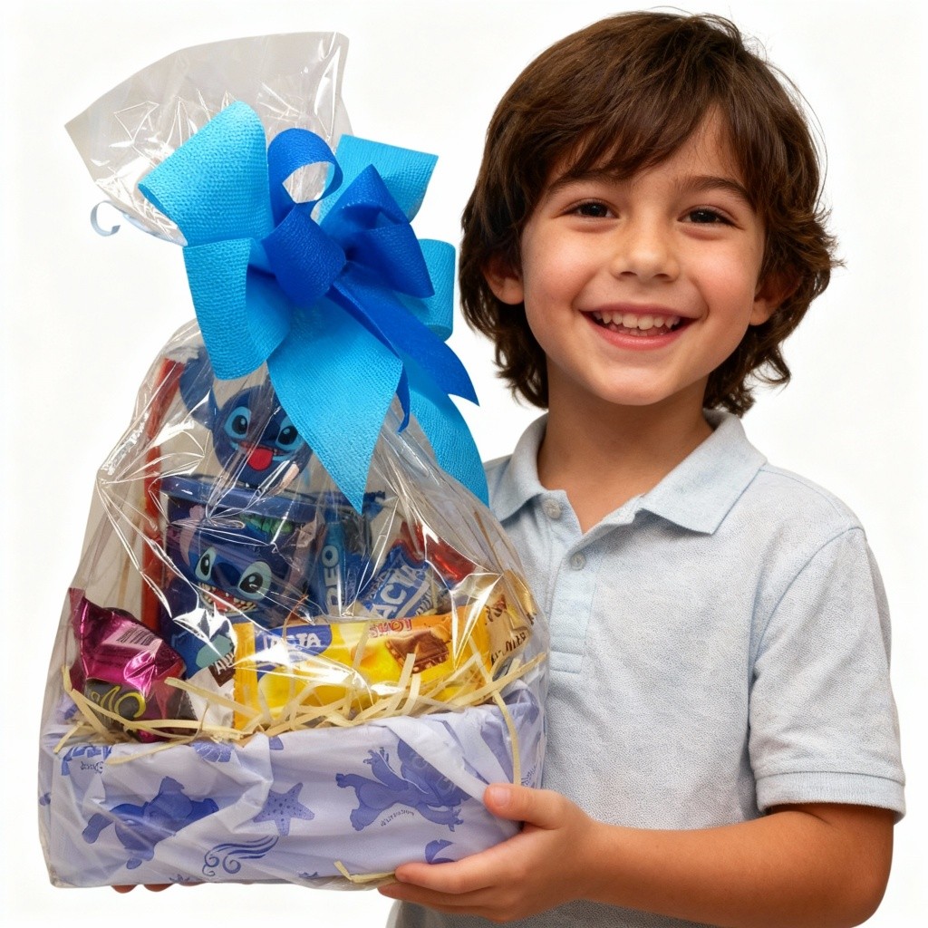 Cesta do Stitch com copo, Touca de banho, Garrafinha, caneta, balas Fini  e chocolates Lacta