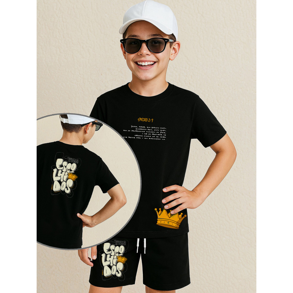 Conjunto Cristão Infantil estampado Gospel Escolhidos Camiseta Gospel e Shorts Algodão 4 a 16