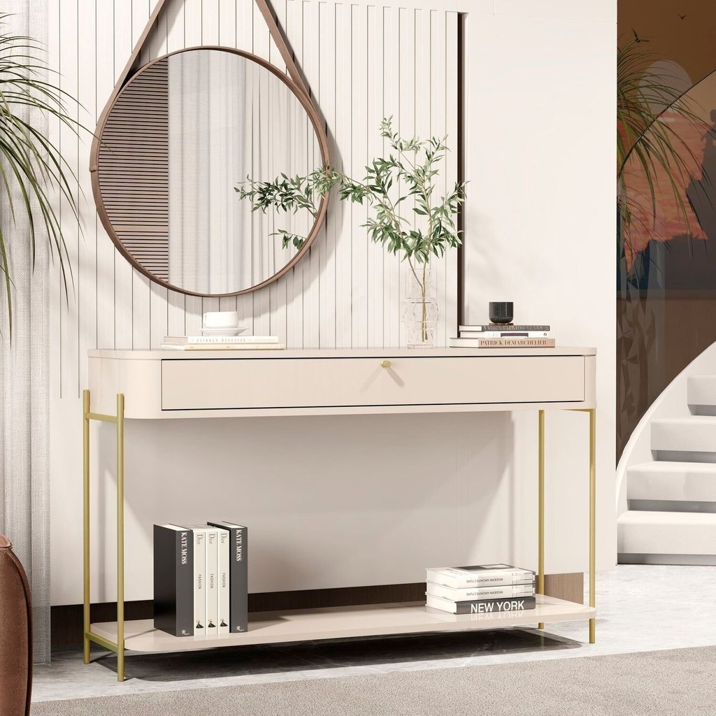 Aparador Curvo 1 Gaveta Pés e Puxador em Metal 121cm Tucupí Off White/Dourado em Oferta na Shopee