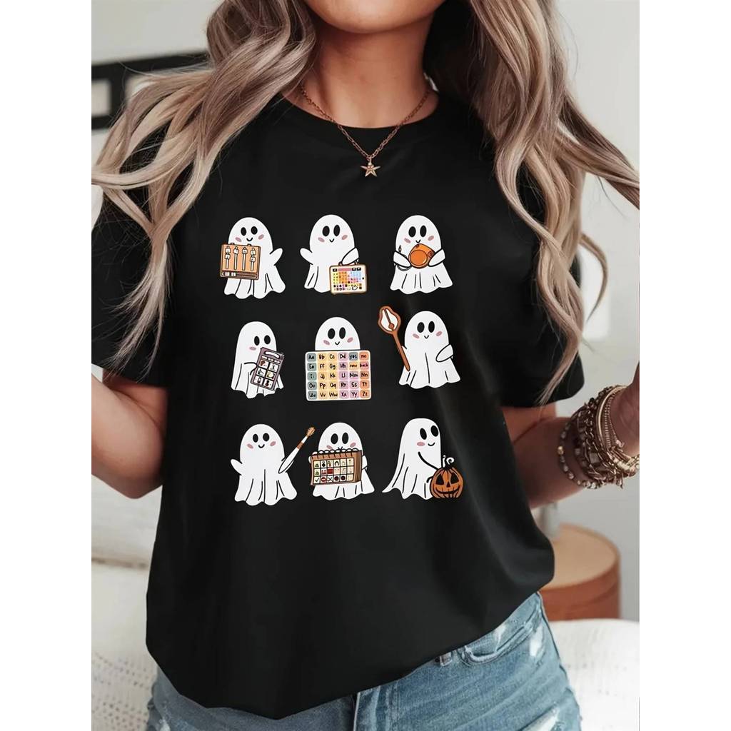 BR.Moonlight Camiseta Feminina Halloween Fantasma Abóbora, Manga Curta Gola Redonda Lavável