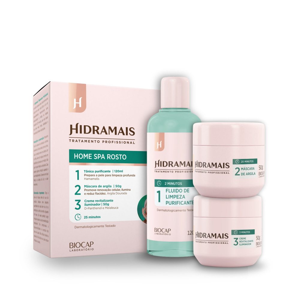 Kit Home Spa Rosto Hidramais | Tônico Purificante, Máscara de Argila Dourada e Creme Iluminador 220g