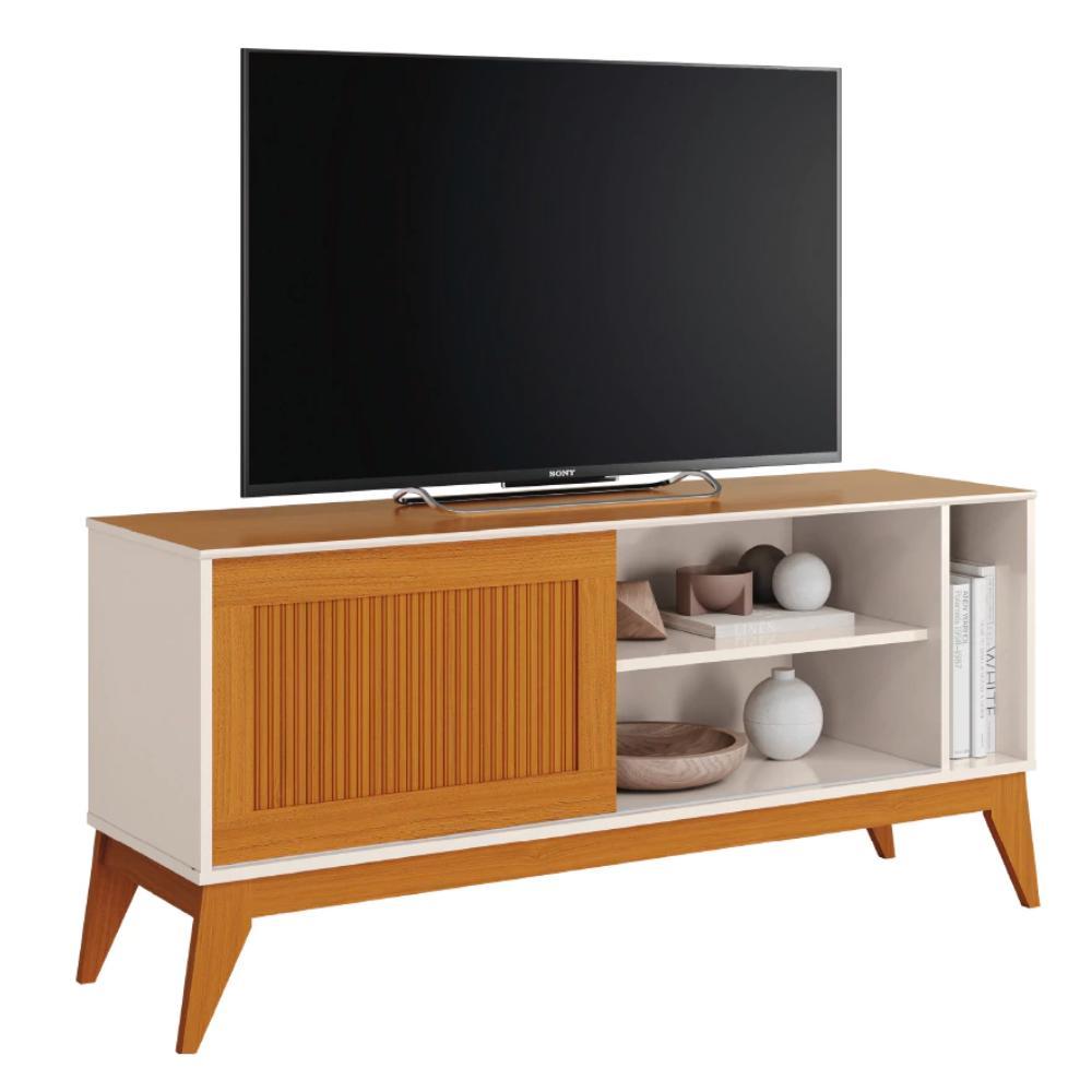 Rack Bancada Para TV Até 55 Polegadas 1,36m Ripado Impressão 3D 1 Porta Off White/Cedro Aruba EDN em Oferta na Shopee