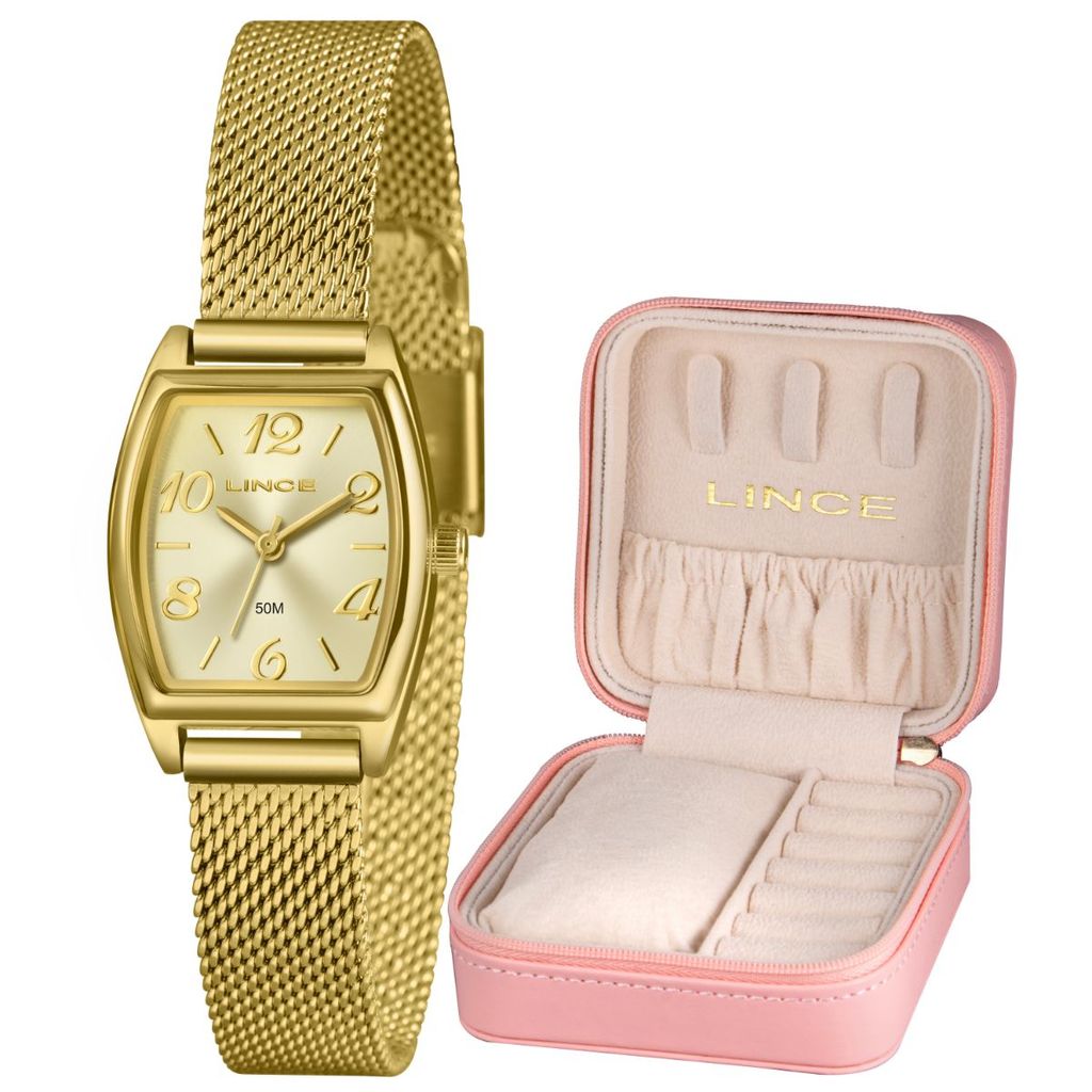 KIT RELÓGIO LINCE FEMININO DOURADO QUADRADO LQGH278L22 C2KX em Oferta na Shopee