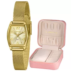 KIT RELÓGIO LINCE FEMININO DOURADO QUADRADO LQGH278L22 C2KX
