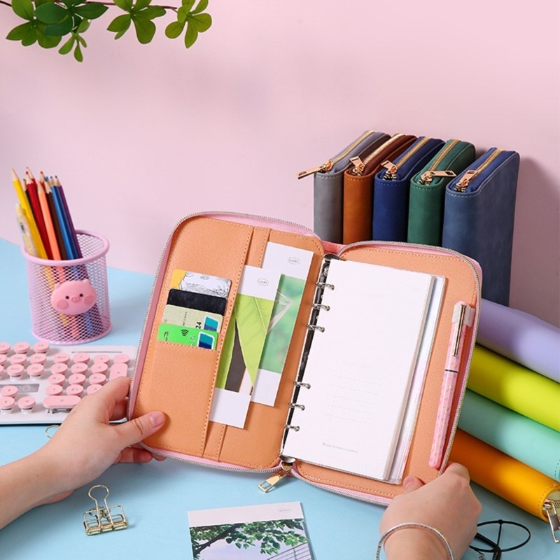 * Fichário Recarregável 6 Anéis Para Enchimento Zíper Capa Couro Caderno Bolso Cartão E Caneta Elá