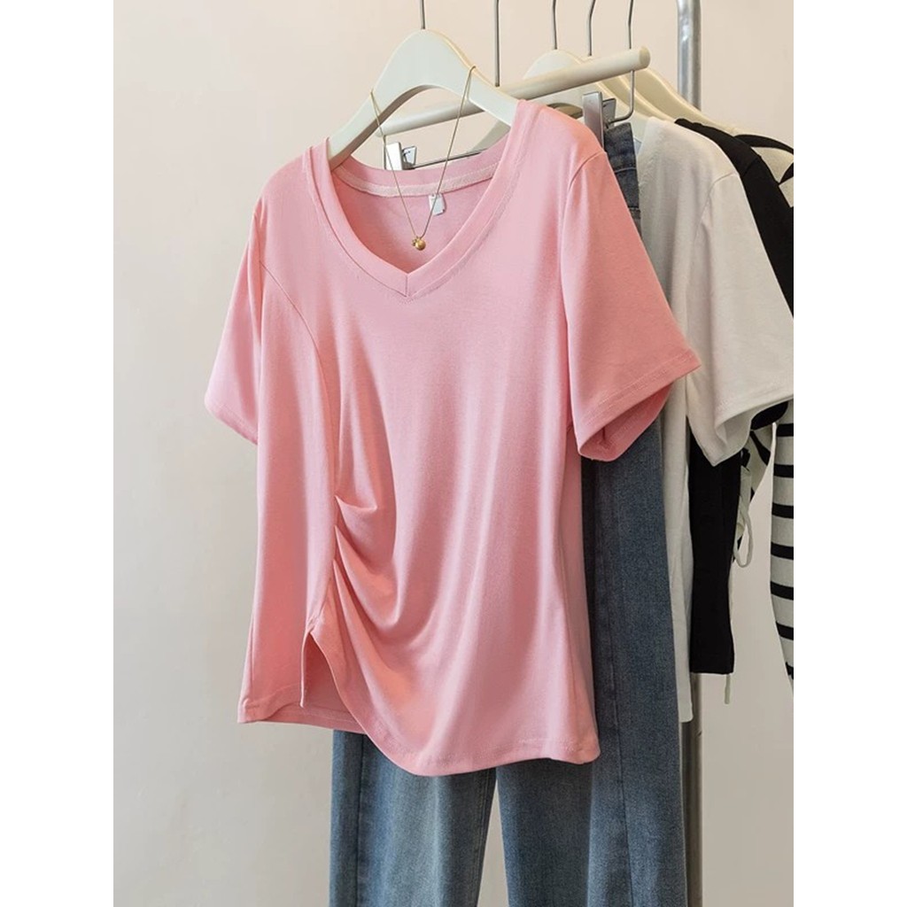 Tamanho grande Irregular Formal ombro com decote em V manga curta camiseta feminina verão 2026 novo estilo gordura mm ma