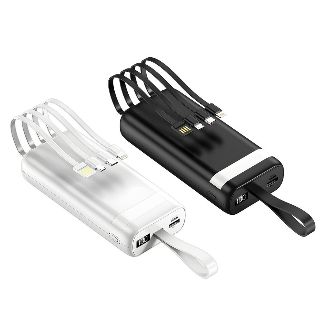 Carregador Portátil 20000mAh Power Bank 22.5W com Cabos Integrados USB Tipo C Lightning