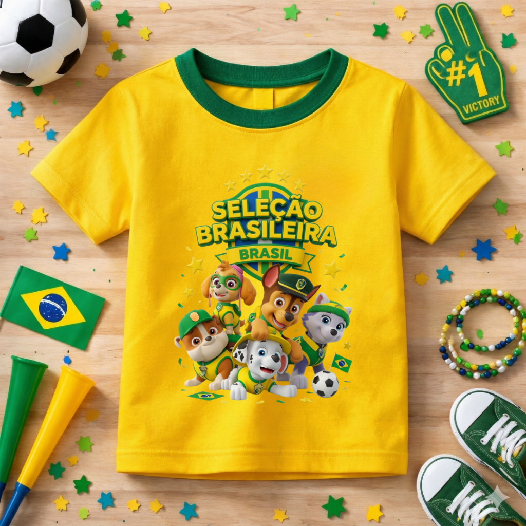 Camiseta Infantil Estampada Patrulha Canina Copa Do Mundo Algodão Macio Lançamento Crianças