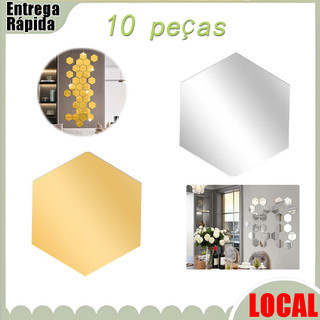 10 hexágono autoadesivo decoração de parede espelho prata/ouro (15X13cmX1mm) Material acrílico