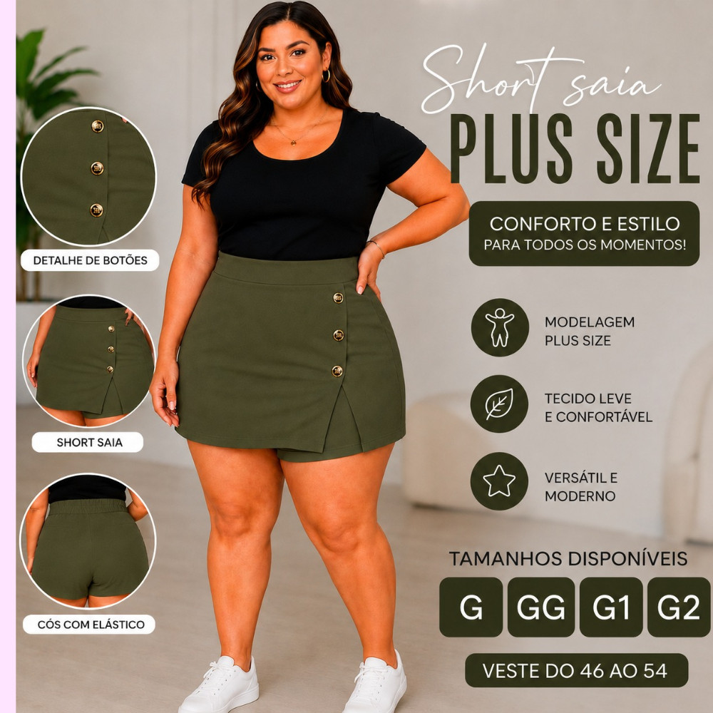 Short Saia Plus Size Feminino, com botões, Estiloso e confortavél – G GG G1