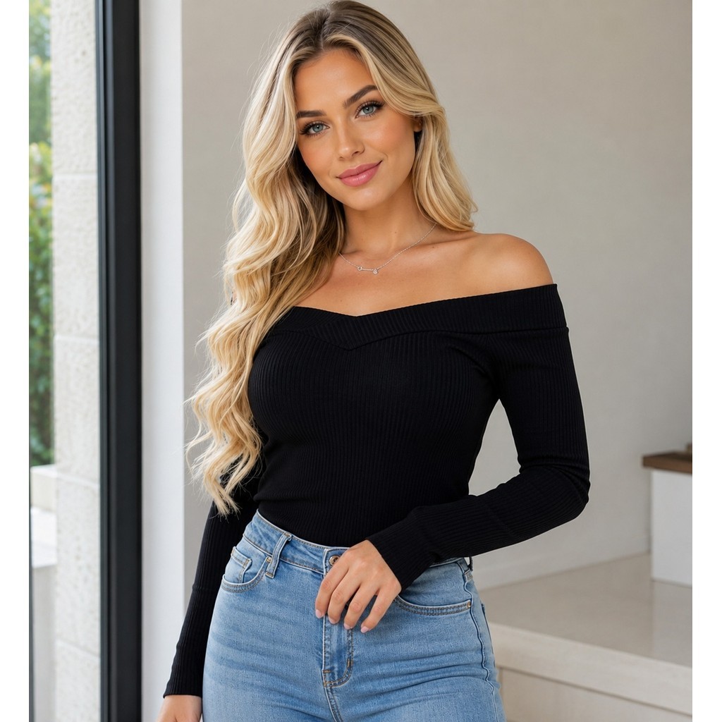 blusa feminina canelada ombro a ombro manga longa perfeita elastano top lançamento