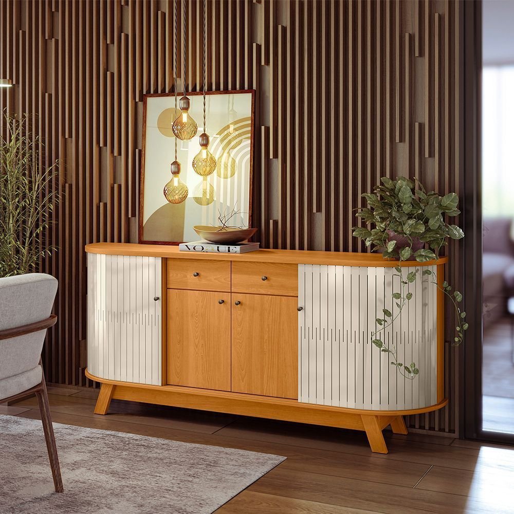 Aparador Buffet para Sala de Jantar 2 Portas Flexíveis Curvo 2 Gavetas Monaco Marrom/Cinamomo/Off White Cinamomo/Off