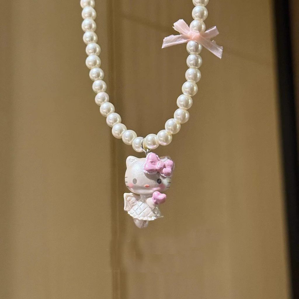 colar aço inoxidável colar Bonito rosa rendas arco KT gato pingente pérola colar feminino divertido longo colar acessó