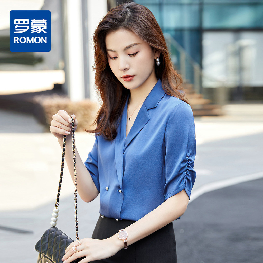 Lomon camisa feminina de manga curta verão fino terno colarinho duplo Breasted negócios Commuter elegante senhoras camis