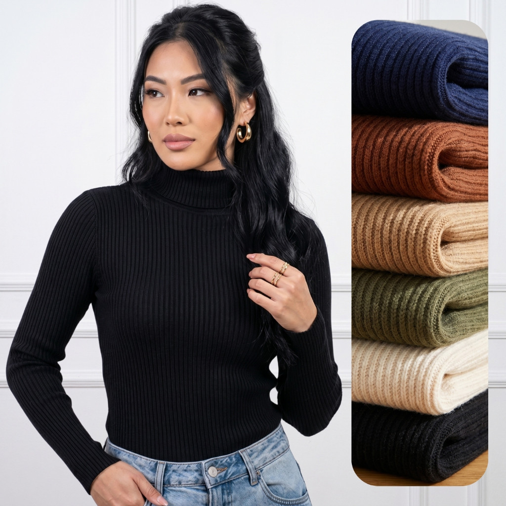 Blusa De Frio Cacharrel Feminina Gola Alta de Tricot Canelado Manga Longa Moda Feminina de Inverno