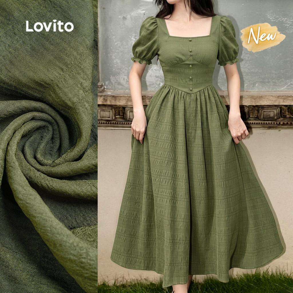 (New Arrival) Lovito Vestido Casual de Botão Jacquard Verde para Mulheres primavera/verão LK7LD194