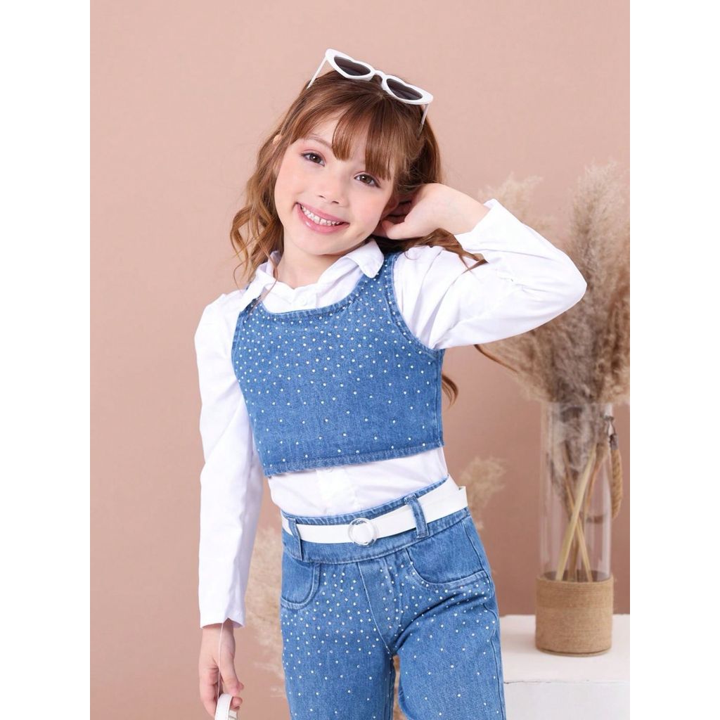 Conjunto Infantil Feminino Jeans Cropped Strass Calça Reta Cinto Camisa Manga Longa Algodão