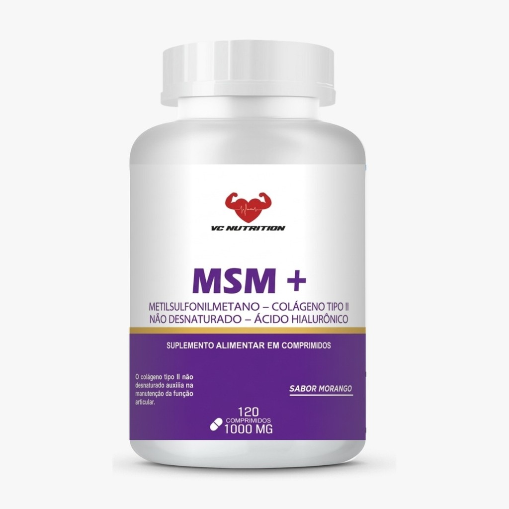MSM Metilsulfonilmetano + Colágeno Tipo II + Ácido Hialurônico 120 Comprimidos Mastigáveis Morango VC Nutrition