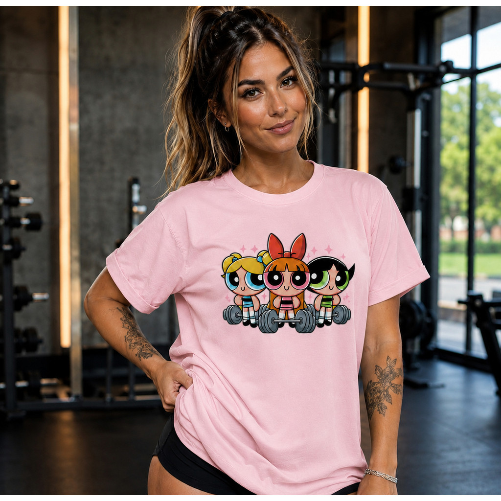 Camiseta Feminina 100%Algodão fio 30.1 Estampado com as Meninas Superpoderosas Treinando Blusa ideal para Academia