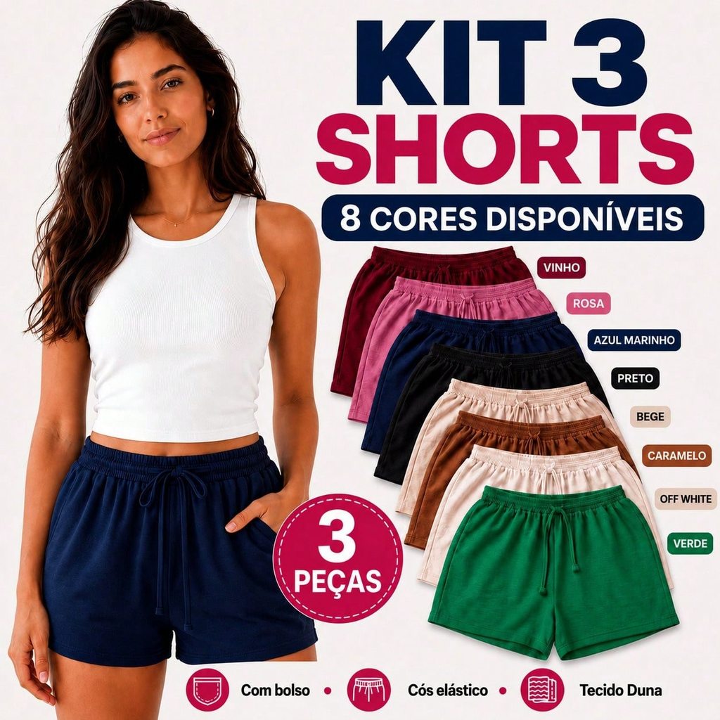 Kit 3 Shorts Feminino Duna Cores Sortidas Cós Elástico Com Bolso Soltinho Casual Verão Confortável Dia a Dia