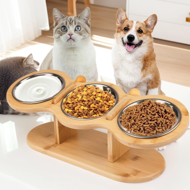 Tigela de bambu para animais de estimação, tigela de comida para cães pequenos, rack doméstico para animais de estimação