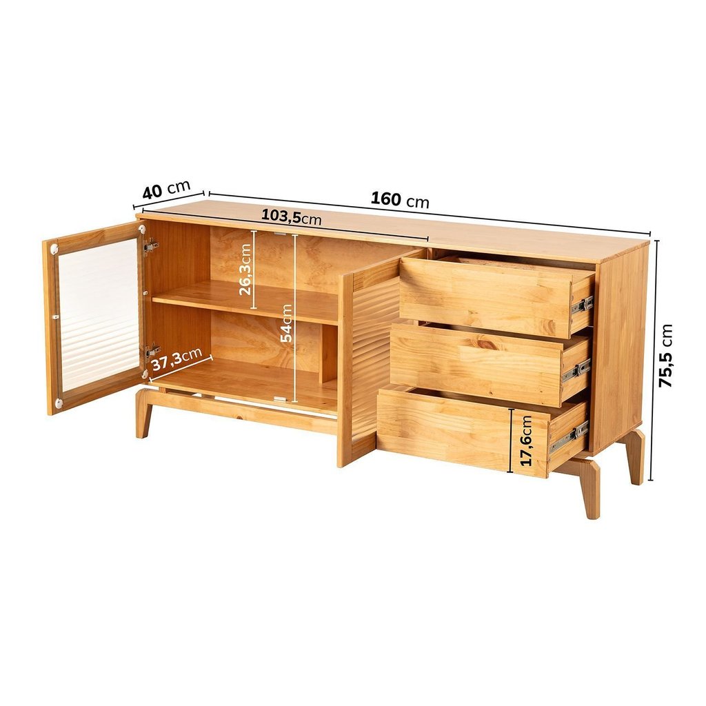 Buffet Aparador 2 Portas Vidro Canelado 3 Gavetas Madeira Maciça Seiva CabeCasa MadeiraOriginals Marrom/Amêndoa