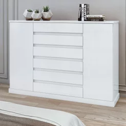 Cômoda 2 Portas 7 Gavetas com Chave e Prateleiras Vedra Branco Branco