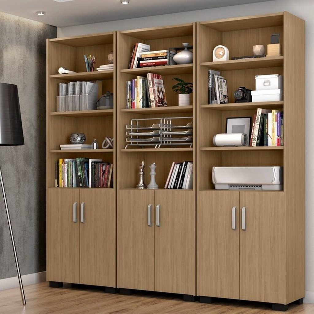Conjunto 3 Armários Escritório Estante Livreiro Office Semi Aberto 6 Portas Freijó 181,5x188x34cm Marrom Freijó