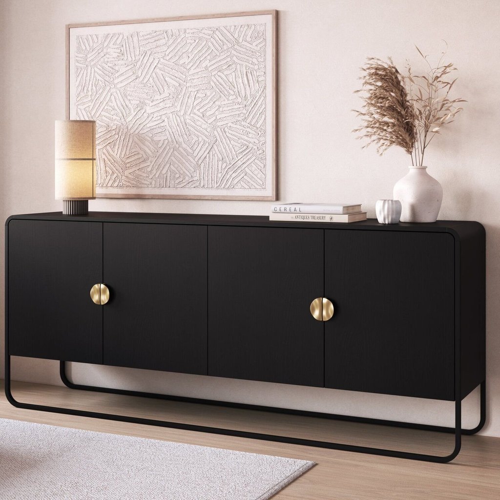 Balcão Buffet 180cm 4 Portas Orgânico Pé Metal Luna Preto/Nero Nero/Preto