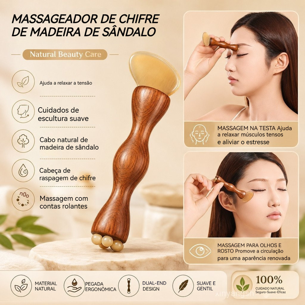 Massageador Facial 2 em 1 de Sândalo e Chifre de Lótus, Pente de Massagem, Bastão de Acupressão para Meridianos, Ferrame