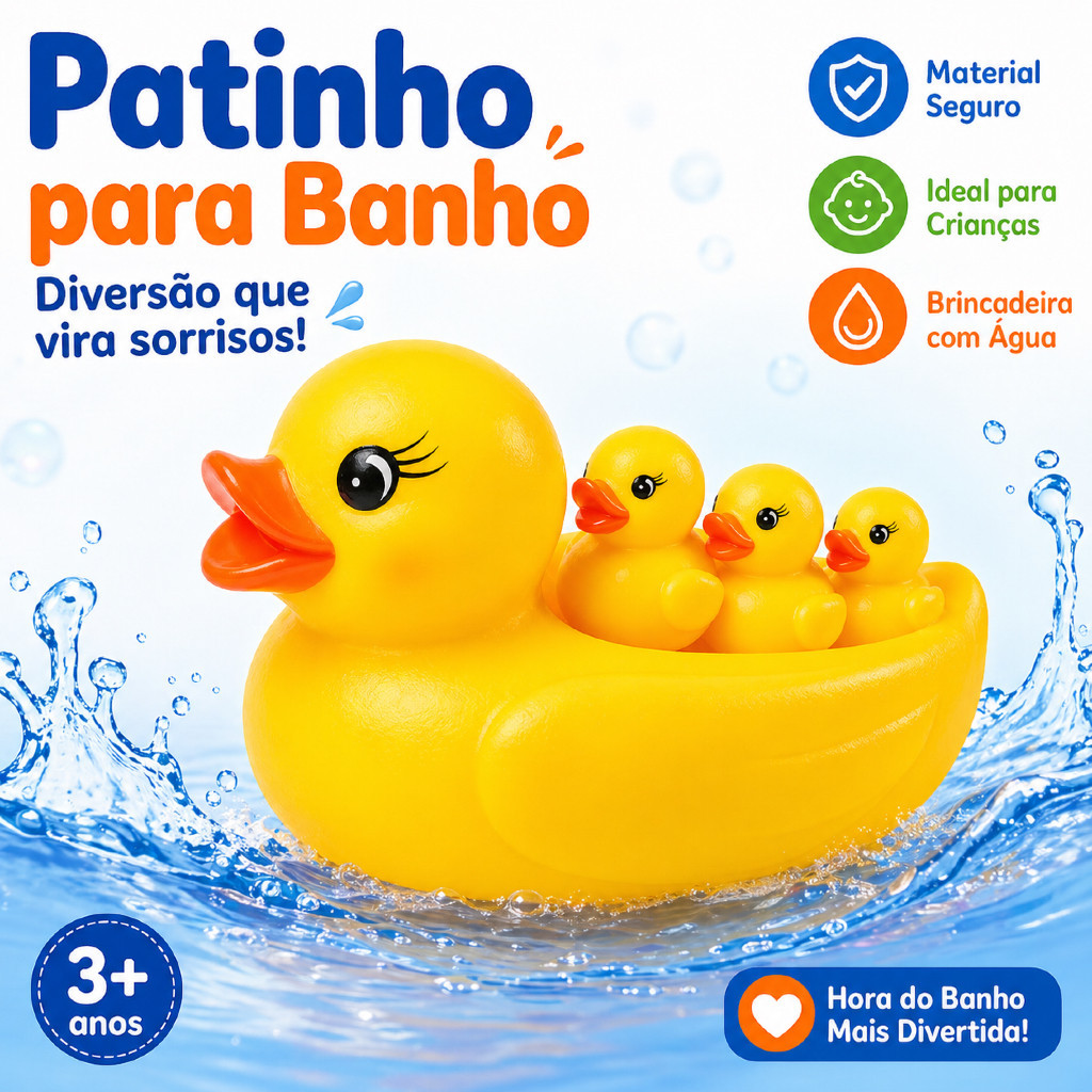 Kit Patinho de Banho Infantil 1 Pato + 3 Patinhos Brinquedo Bebê Água Piscina Banheira Seguro Macio Sem Cheiro Fácil Lim