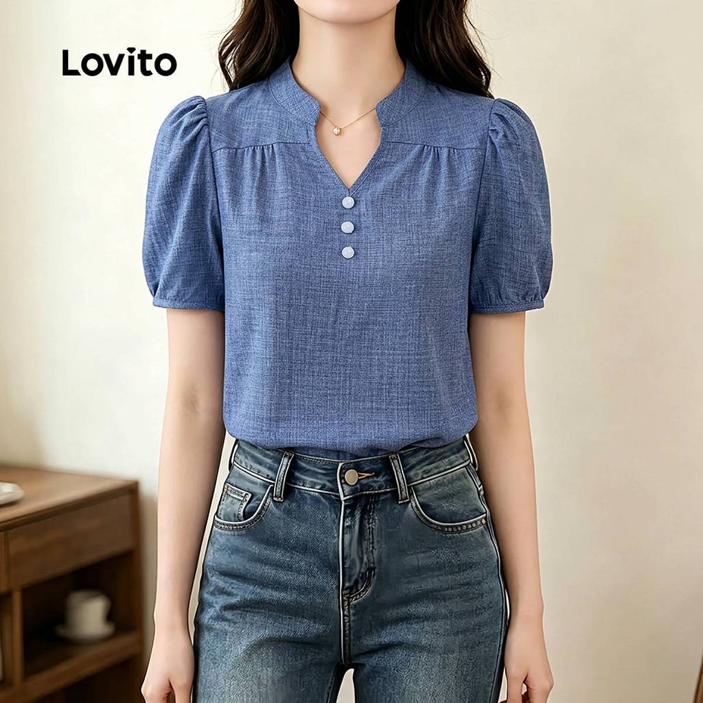 Lovito Blusa Elegante Plissada Plisada Azul Primavera/verão Blusa Feminina L198ED367 · foto 2