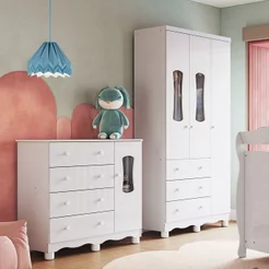 Quarto Infantil com Guarda Roupas 3 Portas e Cômoda com Janelas 100% MDF Lana Espresso Móveis Branco Branco Brilho