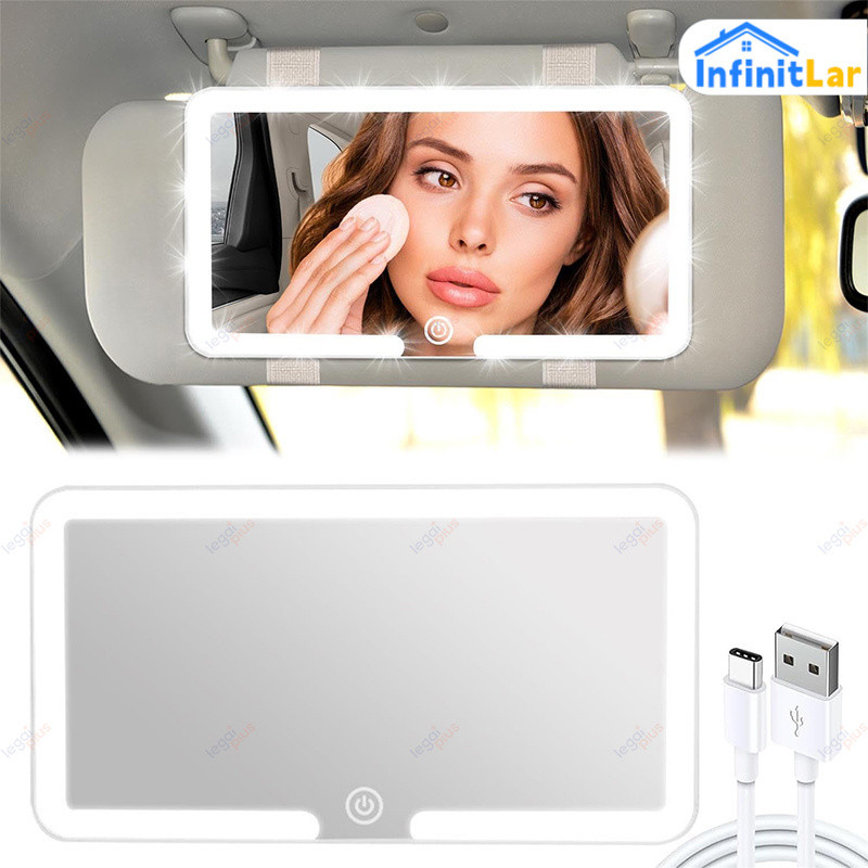 Espelho de Maquiagem Veicular com Luz LED Recarregável 3 Tons Retrovisor de Viseira Iluminado