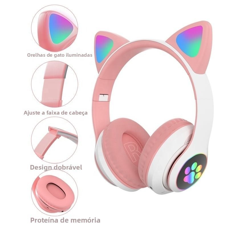 Fone de Ouvido Bluetooth Sem Fio com Orelhas de Gato LED Headphone Infantil Gatinho Rosa