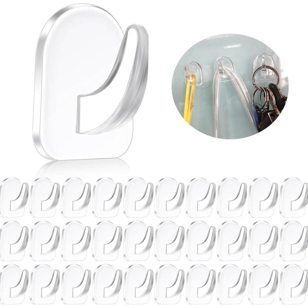 30 Ganchos Adesivos Transparentes para Parede - Acrílico Transparente, Reutilizáveis e Sem Marcas. Ideal para Cozinha, B