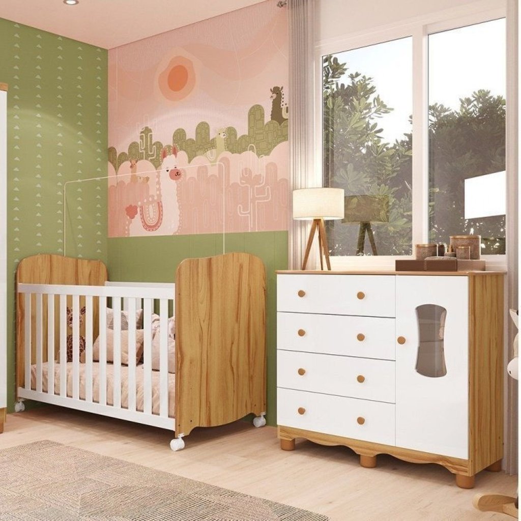 Quarto de Bebê Cômoda 1 Porta Janelada e Berço Americano Lana Espresso Móveis Branco Brilho/Amêndoa Branco