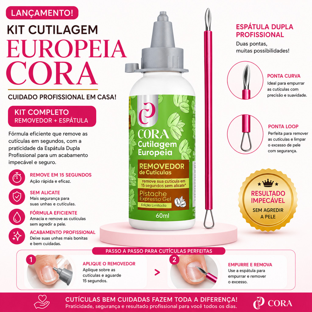 Kit Removedor Cutículas Pistache Cora + Espátula ponta Dupla