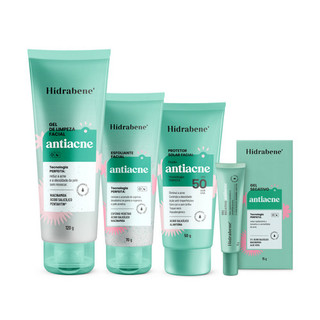 Kit Antiacne Hidrabene - Gel de Limzeza + Esfoliante + Protetor Solar + Gel Secativo