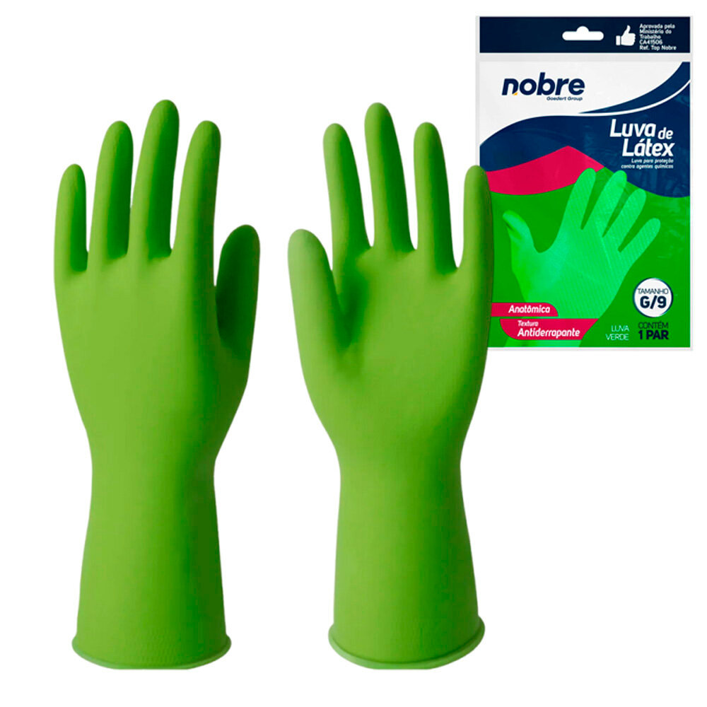 Par de Luvas Nobre Látex G p/ Agentes Químicos Resistente e Segura Verde