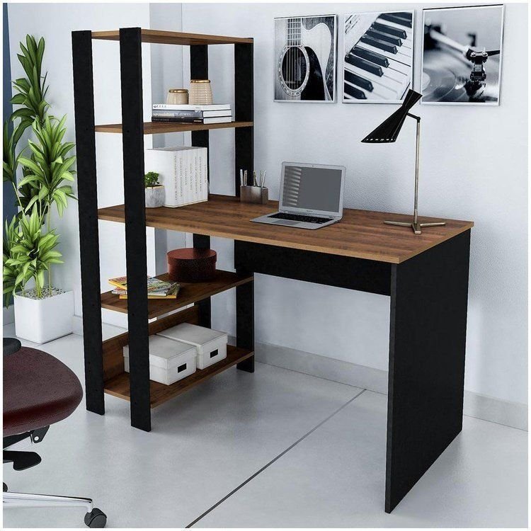 Escrivaninha Mesa Escritório com Estante Match 4 Prateleiras 120cm Pinho e Preto Marrom Pinho/Preto