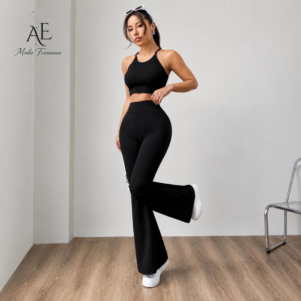 Calça Bailarina Flare Feminina Suplex Cintura Alta Preta Modeladora Cós Alto Confortável Academia Casual P ao GG