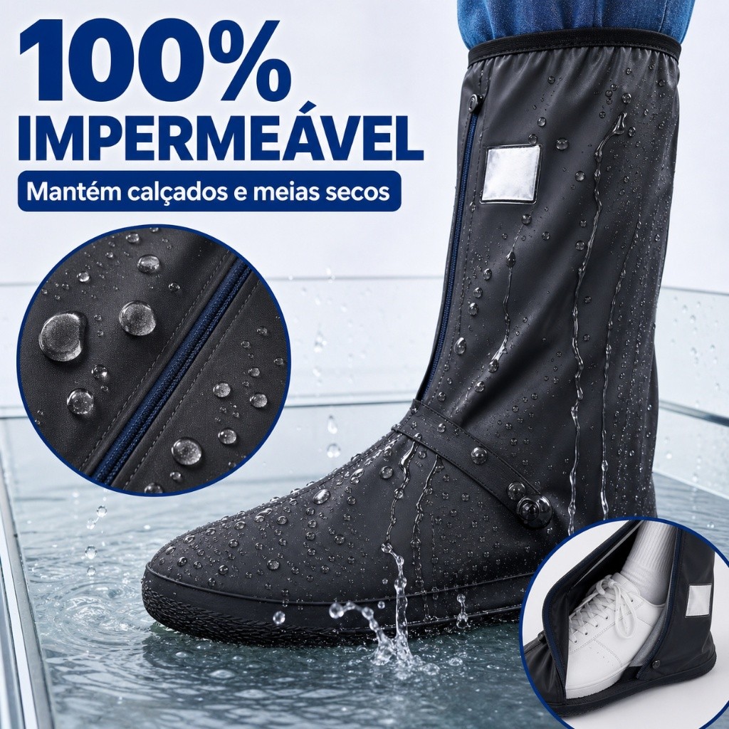 Bota de Chuva para Calçado Cano Alto com Zíper Capa Impermeável Antiderrapante e Refletiva para Motoqueiro e Motoboy