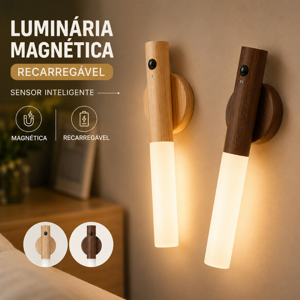 Lâmpada de parede magnética Luminária LED com Sensor de Movimento Recarregável USB Base Magnética Luz Noturna