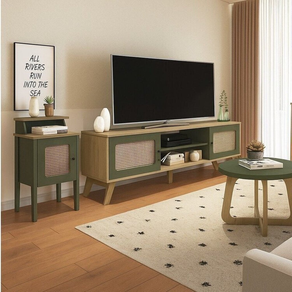 Kit 3 Peças com Rack para TV até 75 Polegadas Mesa de Centro e Mesa de Apoio Charlotte