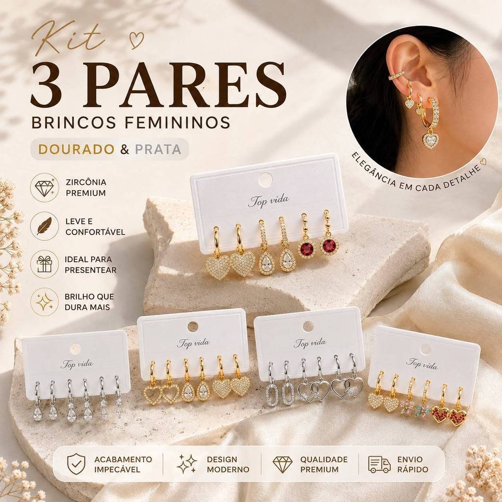 Kit 3 Pares Brinco Argola Com Pingente Gota Coração e Argola Zircônia Ouro Resistente Água Acessório Para Diário 13-22
