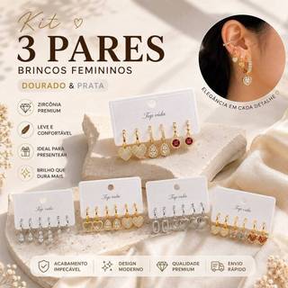 Kit 3 Pares Brinco Argola Com Pingente Gota Coração e Argola Zircônia Ouro Resistente Água Acessório Para Diário 13-22