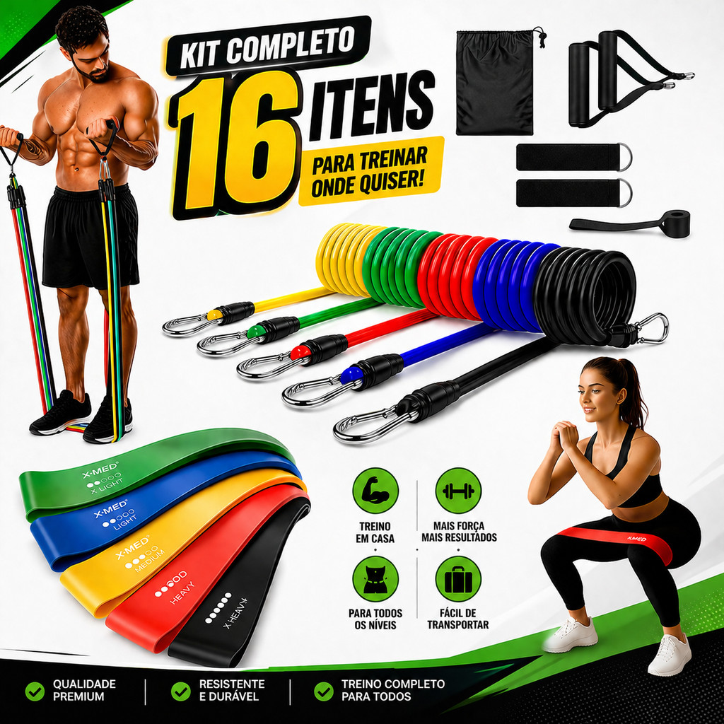 Imagem Kit 16 Itens Treino Em Casa Completo Elásticos Extensores + 5 Mini Bands Fitness Musculação Exercícios Yoga Fisioterapia